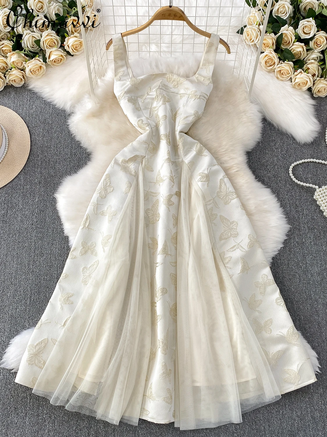 

Элегантное французское стильное платье для дня рождения с квадратным вырезом без рукавов и высокой талией, тонкое сетчатое лоскутное длинное платье трапециевидной формы, женское летнее платье