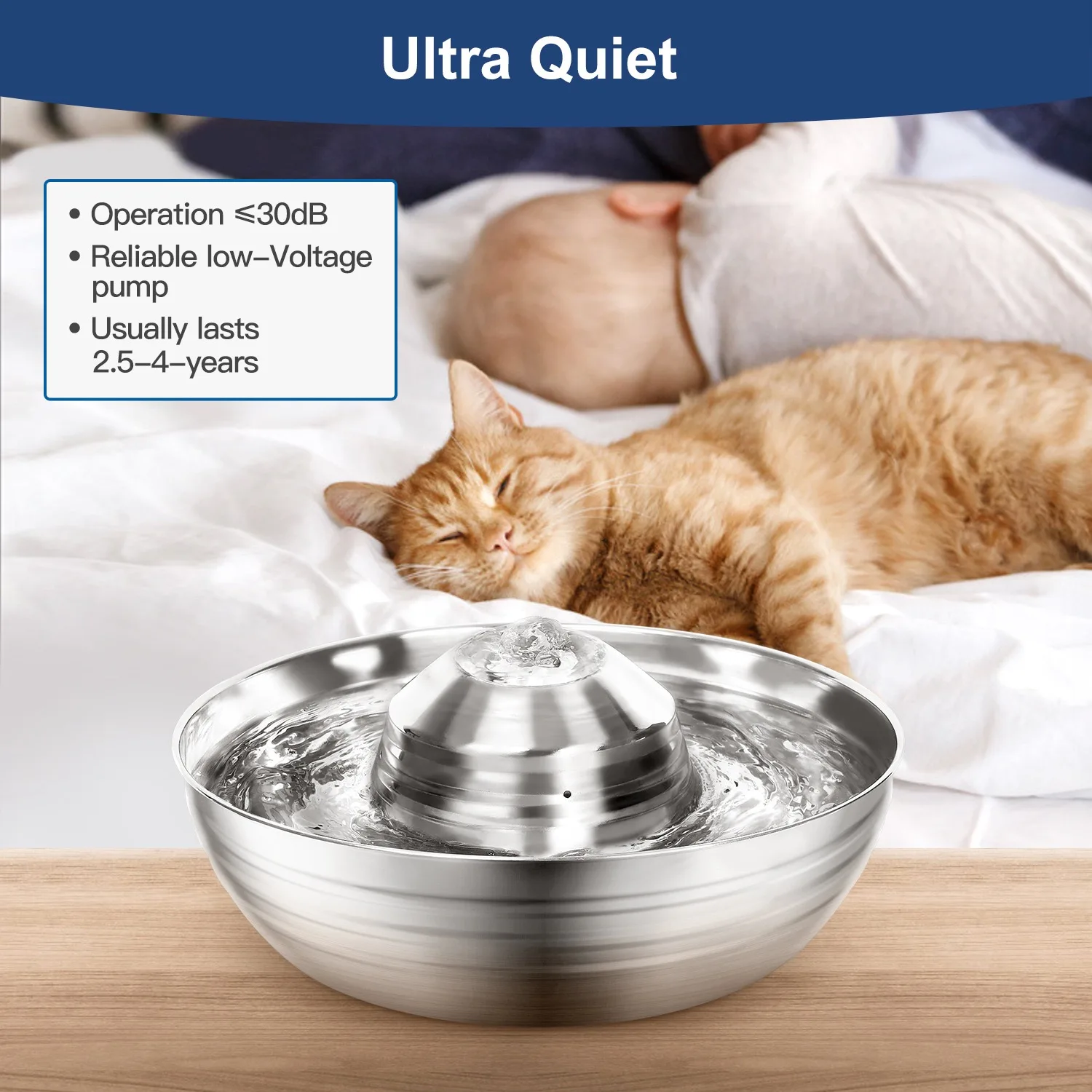 2L Ultra-Quiet Automatic Fountains Dog Stainless Steel Pet Fountains Water Dispenser Quiet Pump Water Foutain for Cat Dog