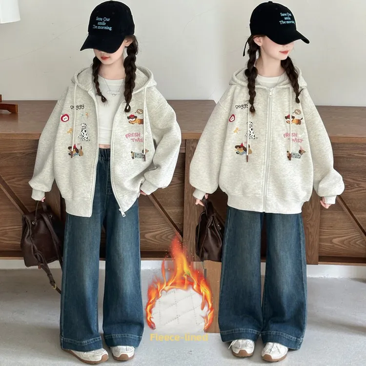 

Winter Girls' Padded Casual Jacket Children's Clothing Children's Girls Embroidered Hoodie Zipper Shirt Foreign Style Top