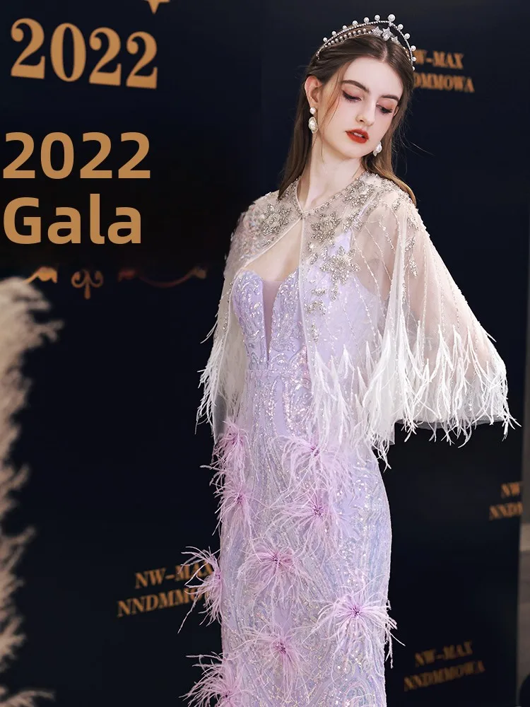 

Вечернее платье Ele Fi Tail с перьями на плечах и рукавами для женщин, сексуальное, модное, длинное, для ведущих.