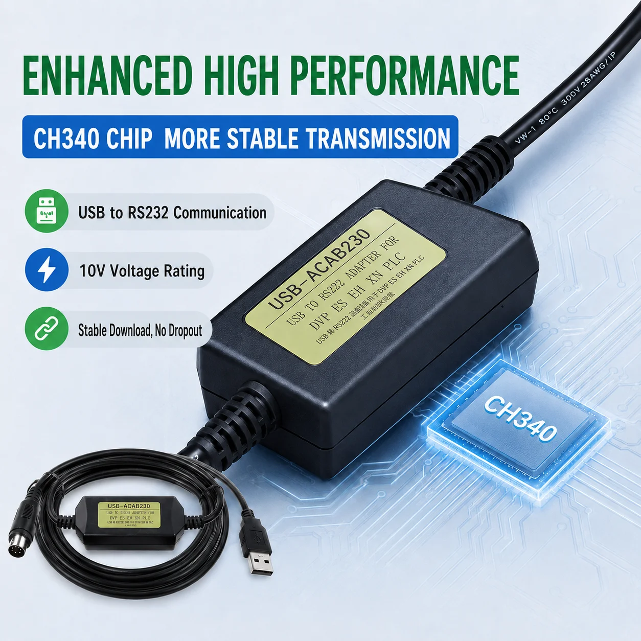 3M USB-ACAB230 PLC Download Cable for Delta DVP EX ES EH EN USB to RS232 Programming Adapter High Performance CH340