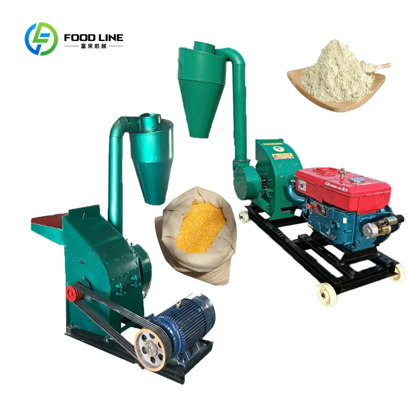 Customized Hammer Mill Grain Grinder Corn Wheat Flour Mill Cyclone Dust Collector Electric/Diesel Dual Power CE Certified