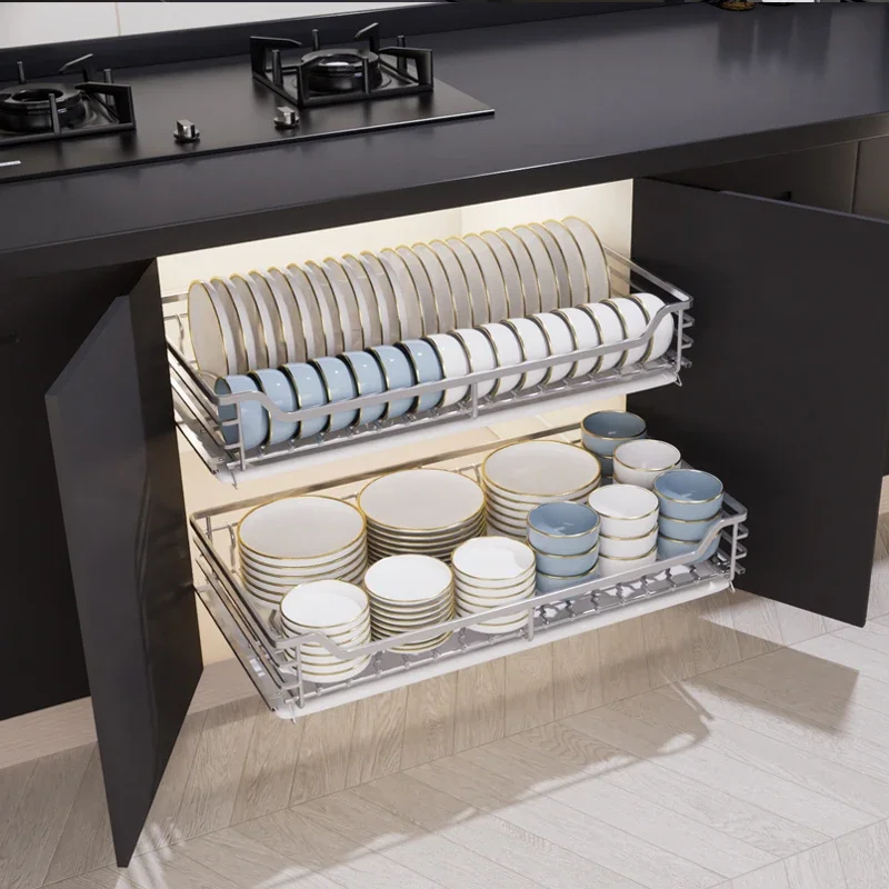 Shallow depth shallow cabinet basket 304 stainless steel kitchen cabinet dish basket double drawer buffer rail