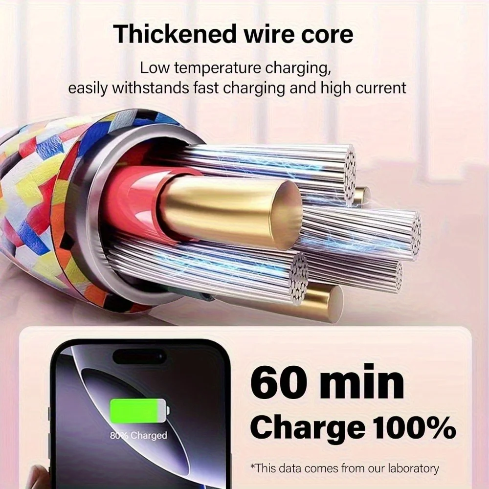 حبل هاتف مضفر 2 في 1 60 وات مضاد للخسارة مع وظيفة شحن سريع لهاتف آيفون 17 16 15 برو ماكس هواوي وشاومي وسامسونج