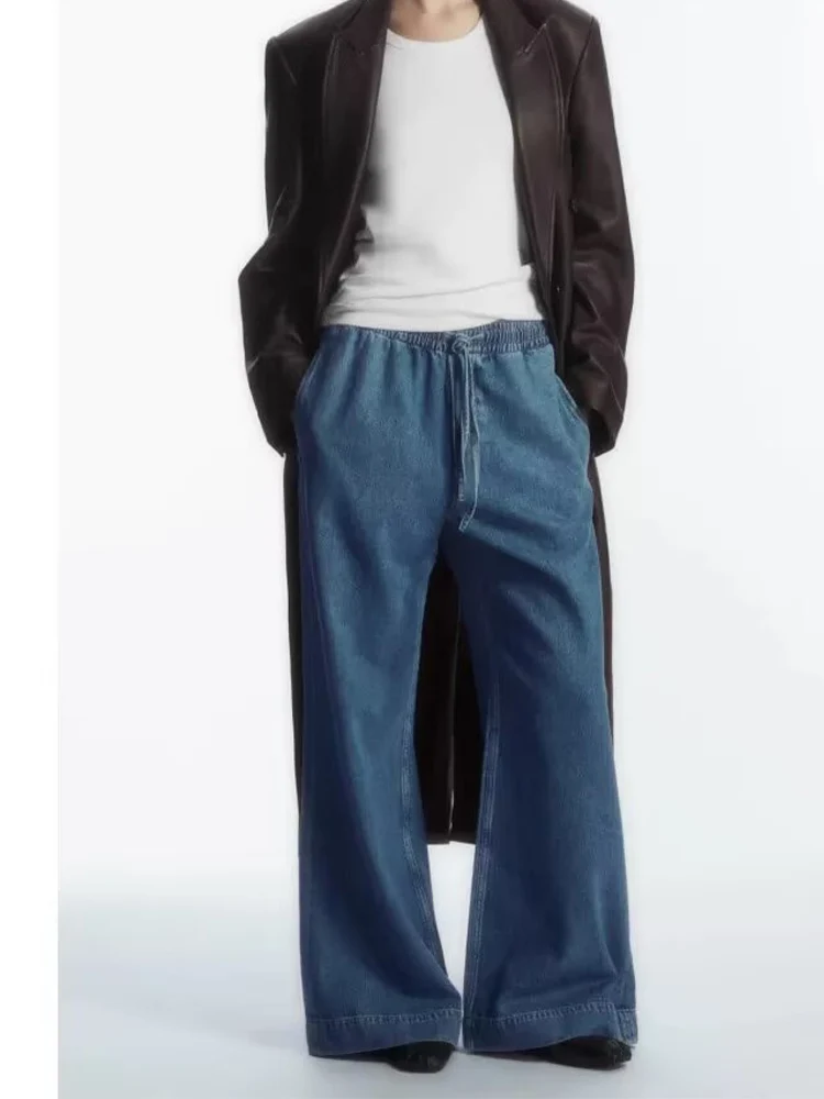 

European and American style 2024 autumn new women's loose casual denim drawstring wide-leg pants suit