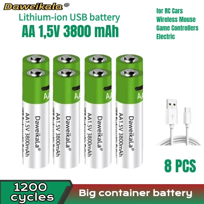 2024 신형 1.5V AA USB 충전식 배터리 3800mAh 리튬이온 배터리 (리모컨, 마우스, 전자 장난감용) + C타입 케이블