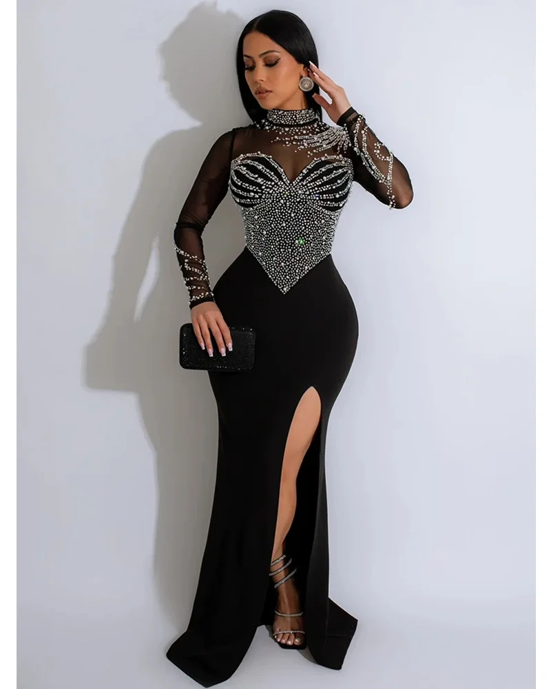 Sexy Prom Dresses Mesh See Through Patchwork Evening Party Dress Woman Diamonds Rhinestone Mermaid Formal Birthday Gowns Custom