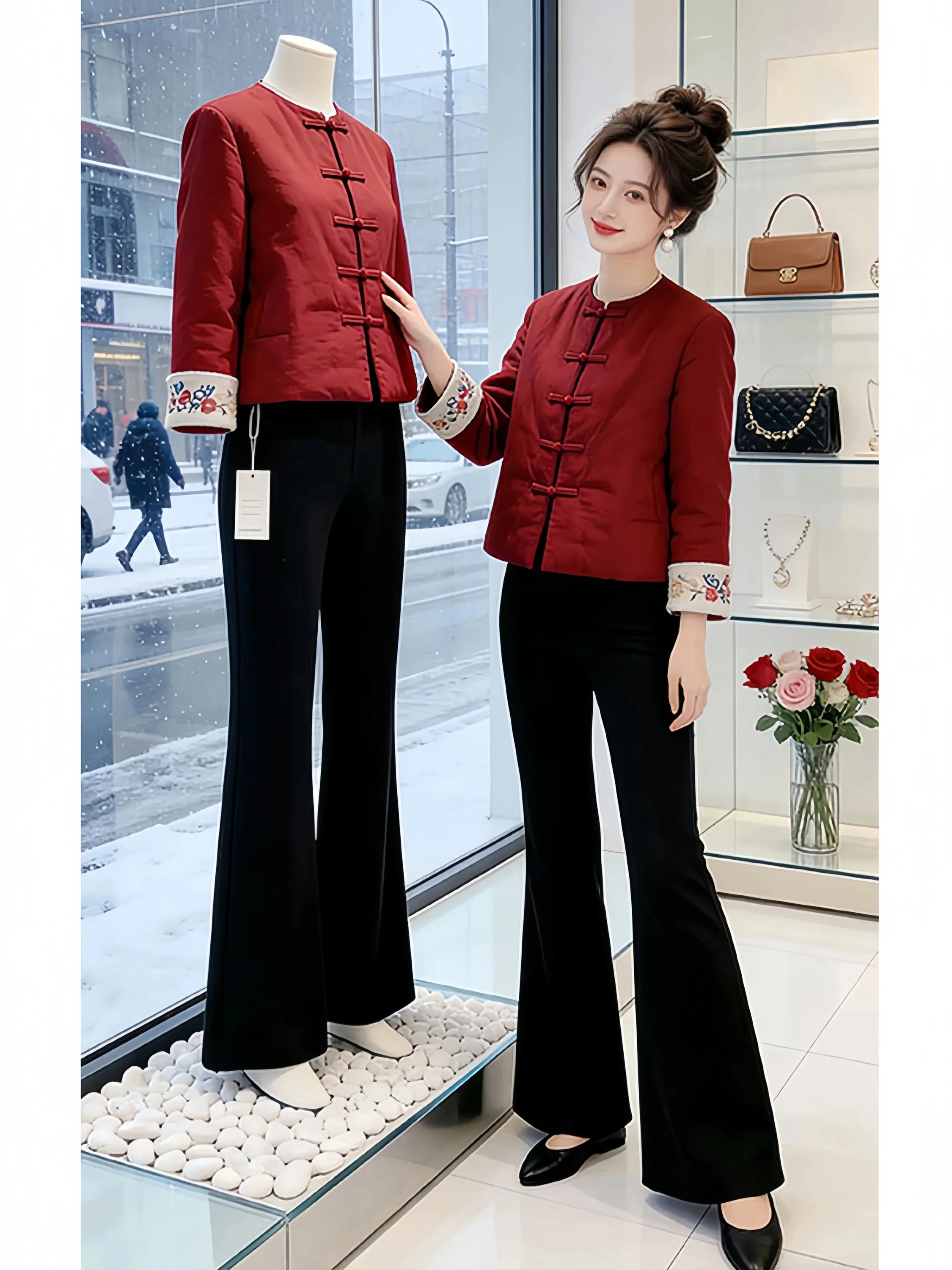 New Chinese Style Retro down Cotton Jacket Women's Winter Warm round Neck Coat Korean Version Loose Fit Button Detail