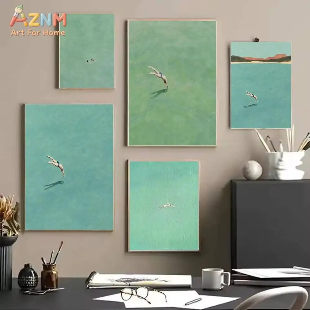 1PC Swiming Into The Sea Green Ocean Poster Self-adhesive Art Waterproof Paper Sticker Coffee House Bar Room Wall Decor
