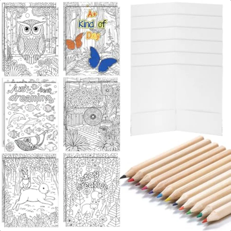 

12 Pcs DIY Colouring Folders with 12 Pencils 6 Designs Paper White Folders with Pockets Gift Bulk for Back to School Office Bir