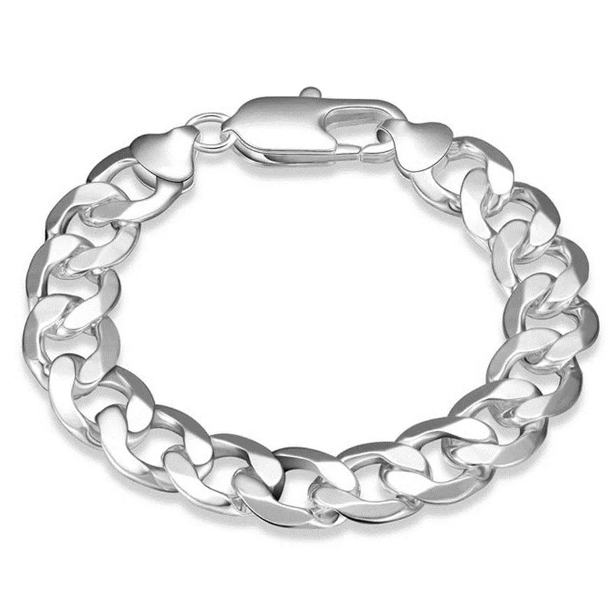 

925 Sterling Silver 8 Inches 12MM Sideways Cuban Chain Men Bracelet For Women Charm Fashion Wedding Party Jewelry Gift Wholesale