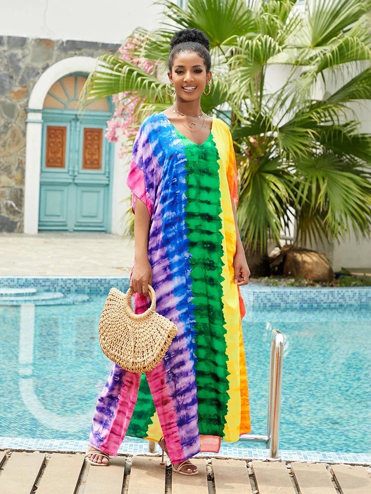 2024 Kaftan Kleid für Frauen plus Größe Rayon Robe bunten Druck Badeanzug vertuschen leichte Maxi kleid Tunika für Strand