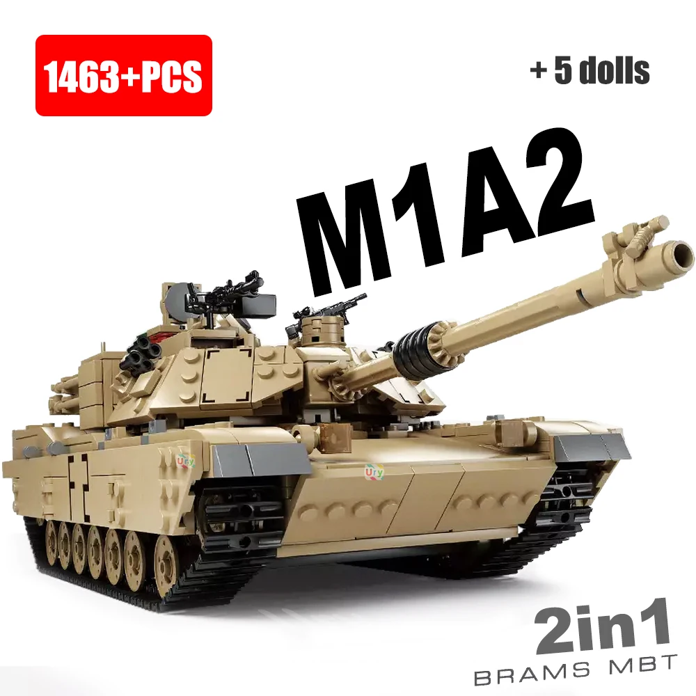 2in1 Military M1A2 Abrams MBT Tank Model Army Cannon Chariot Set Soldier Figures DIY Building Blocks Toys for Gift