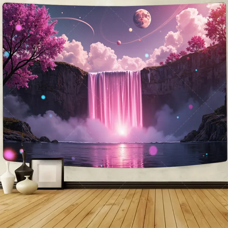 

1pc Wall Tapestry "Pink Waterfall Fantasy Tapestry - Dreamy Landscape Wall Art"
