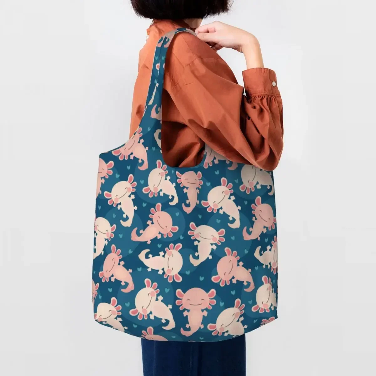 

Cute Axolotl Pattern Shopping Tote Bag Recycling Salamander Animal Canvas Groceries Shoulder Shopper Bags Photography Handbags