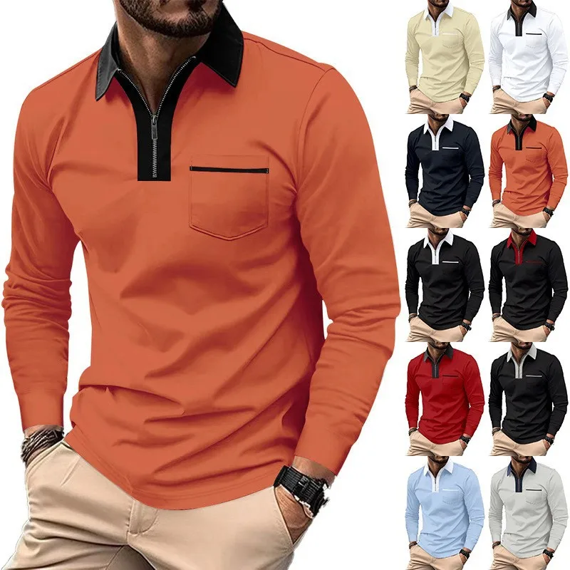 Men's Spring And Autumn Long Sleeve Lapel Fashion Slim Pocket Men's Color Matching T-Shirt Polo