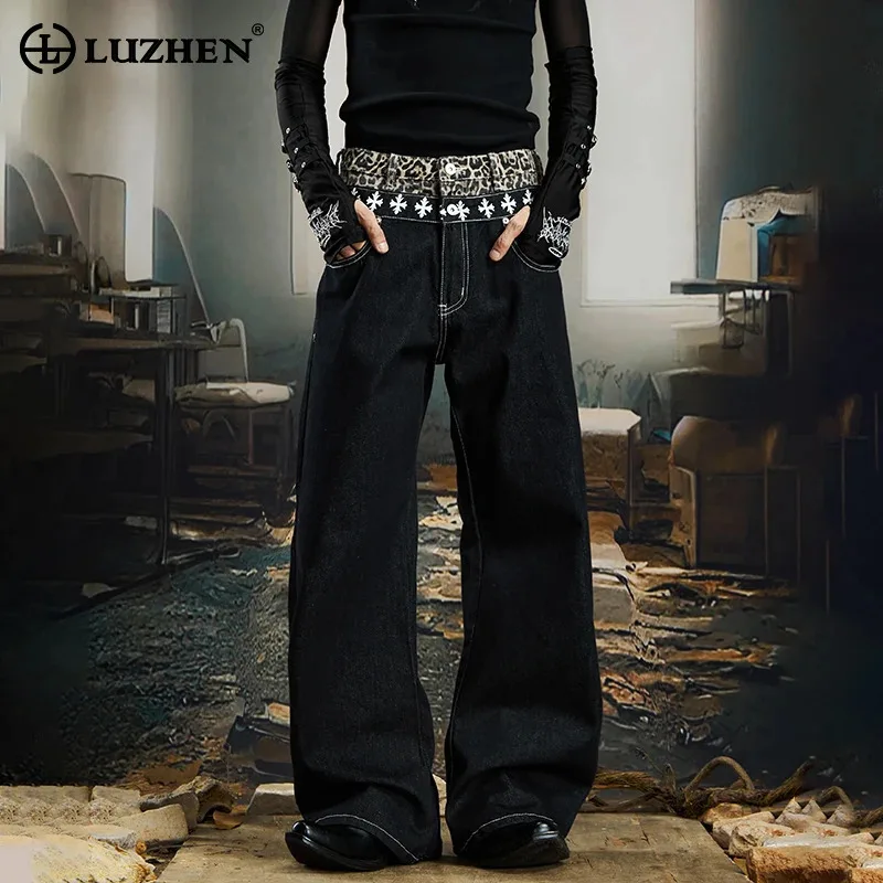 

LUZHEN 2025 Stylish Pattern Leopard Print Splicing Waist Straight Casual Jeans Men's Fashion Street Handsome Denim Pants JY5365