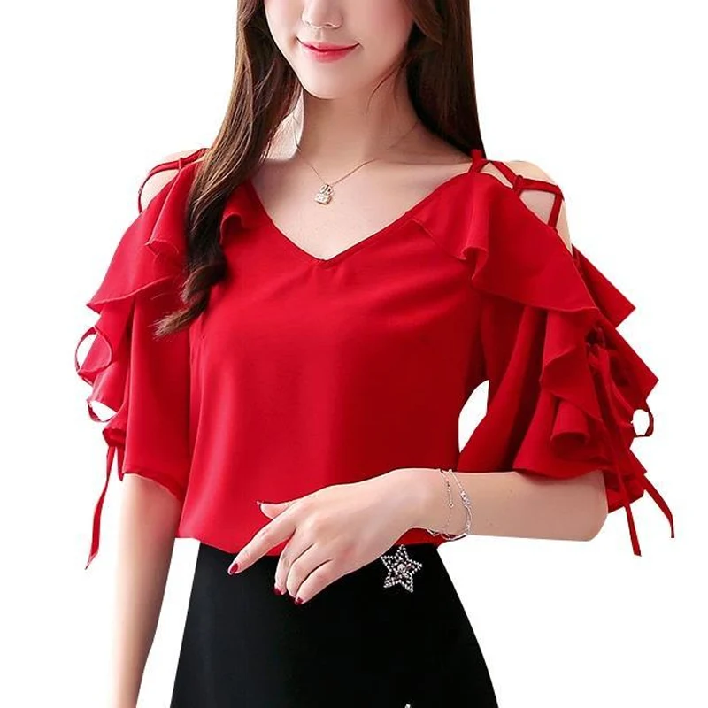 2023 Summer Female Clothing V-neck Red Off Shoulder Hollow Out Tops Women Bandage Ruffles Short Sleeve Fashion Casual T-shirt