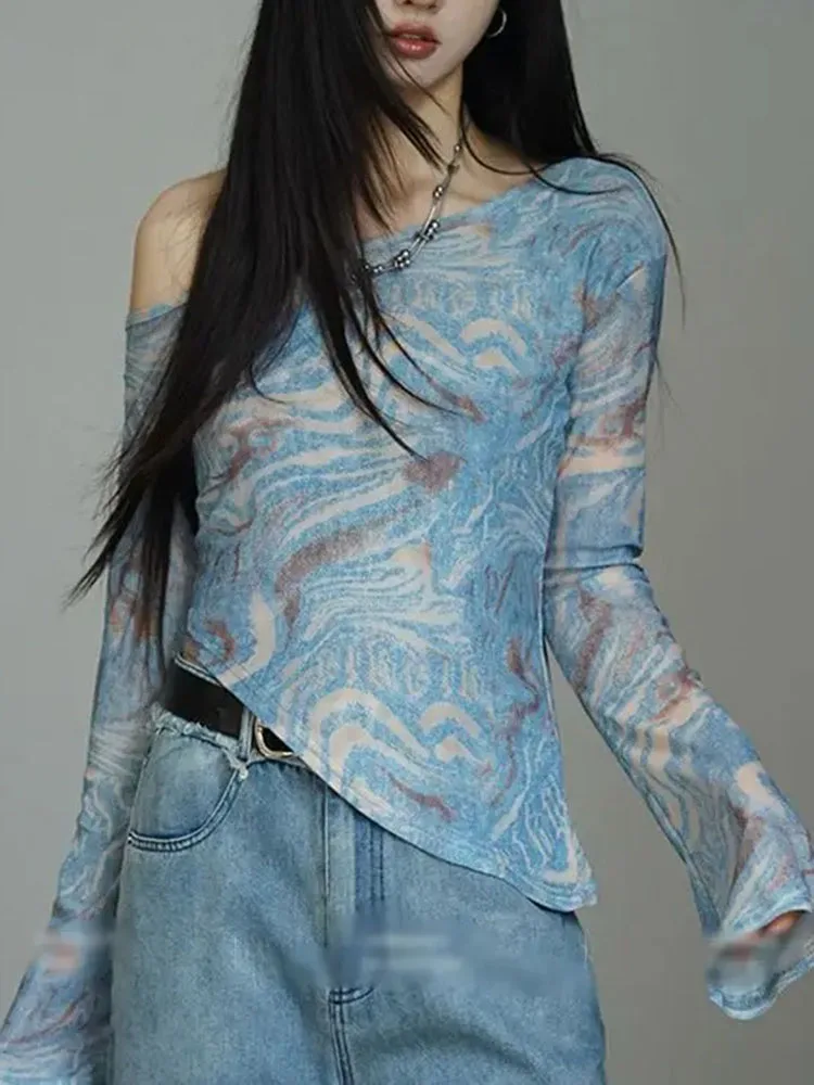 Spicy Girl Tie Dye Print Mesh Long Sleeve T Shirt American Retro Slim Fit Irregular Off Shoulder Crop Top Vintage Tees