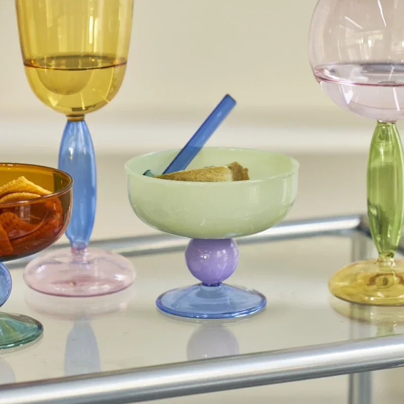 

Colourful Ice Cream Cup Amber Green Blue Grey Pink Ball Stemmed Dessert Pudding Glass Cup Bowl Heat Resistant Salad Bowl 1 Piece