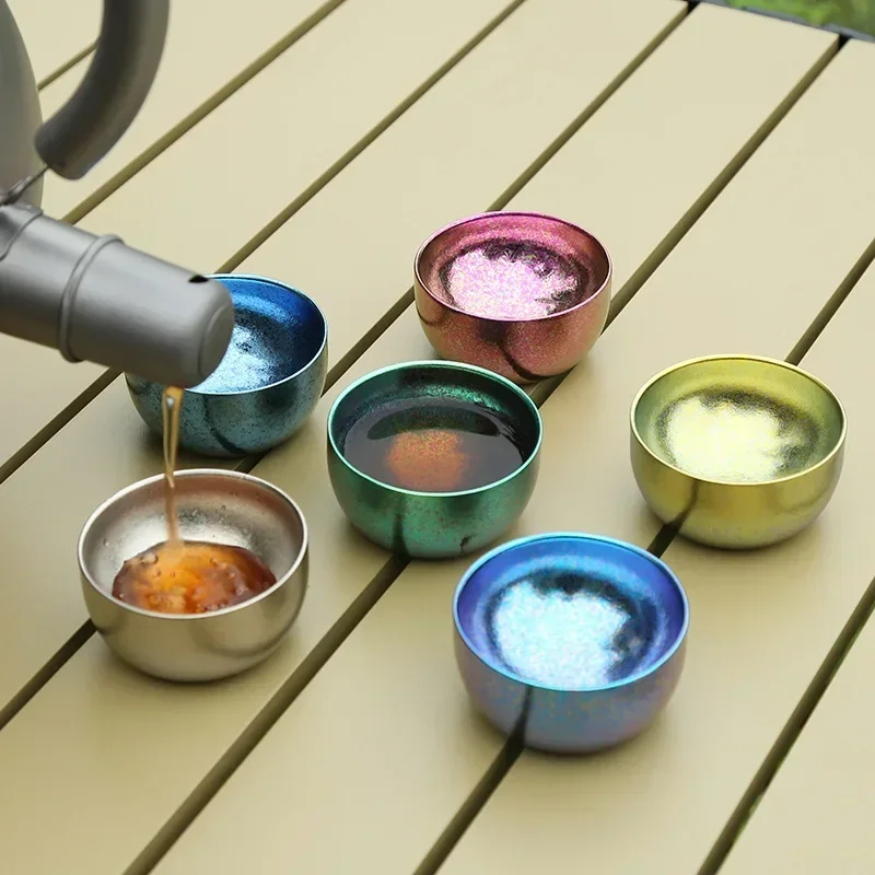 HWZBBEN 40ml Double Layer Titanium Cups Colorful Teacup Wine Beer Coffee Teaware Kung Fu Tea Cups Mugs for Home Office Use