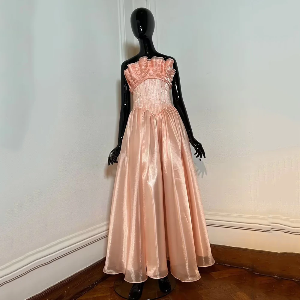 

Verngo Orange Shiny Satin Evening Dress Strapless A Line Pleated Prom Dresses Elegant Maxi Party Dresses Customized
