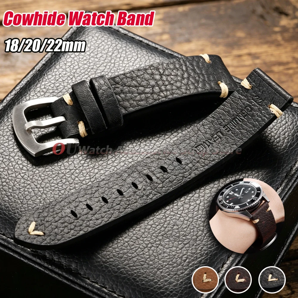Bracelet de montre en cuir de vache fait main, marron et noir, 18mm, 20mm, 22mm, pour Omega, pour Seiko, bracelet pour homme et femme