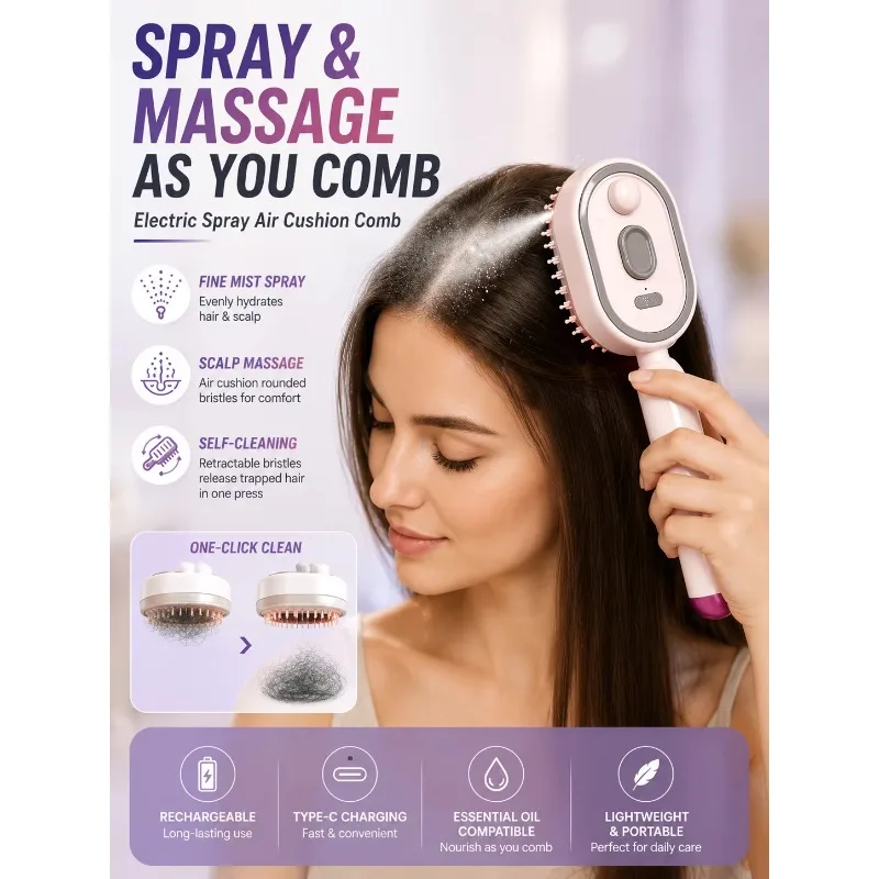 Rechargeable Electric Spray Air Cushion Comb Retractable Self-Cleaning Scalp Massage Hair Brush For Women
