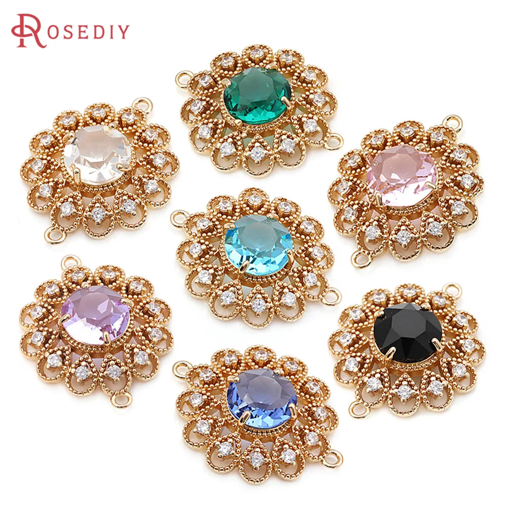 4PCS Brass Zircon 2 Holes Round Flower Connect Charms Pendants Necklace Earrings Jewelry Accessories Rosediy official-website