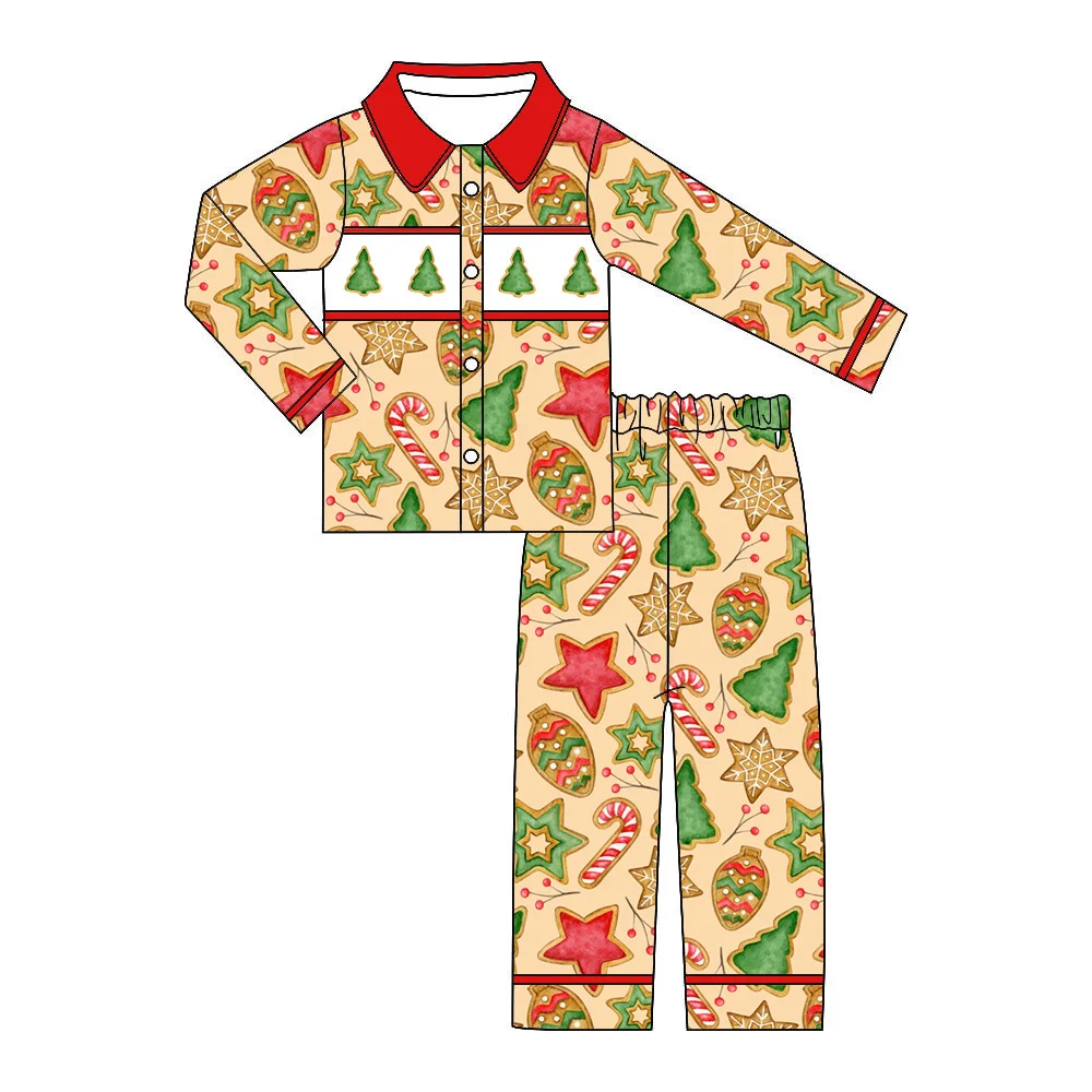 بدلة أطفال بوتيك لعيد الميلاد بأكمام قصيرة وبنطلون مطبوع عليه شجرة الحلوى للفتيات والأولاد طقم بيجامة بأكمام طويلة