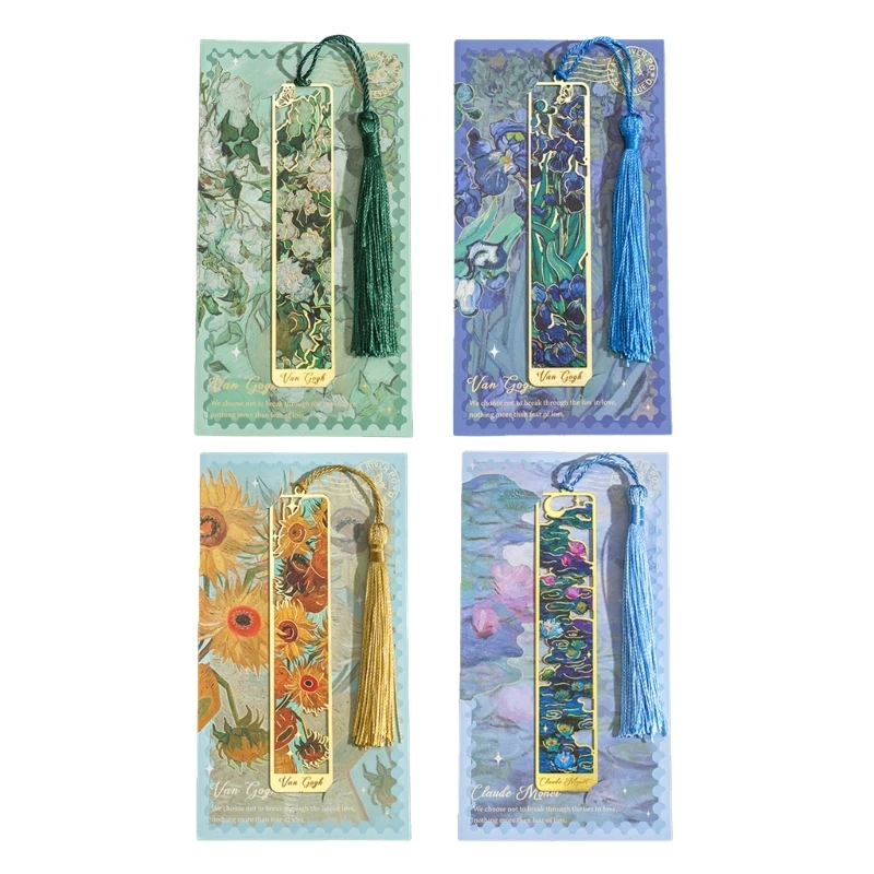 

4Pcs Oil Painting Themed Metal Bookmarks with Tassels Hollow Flower Bookmarks Book Page Divider for Book Lover Teacher 601D