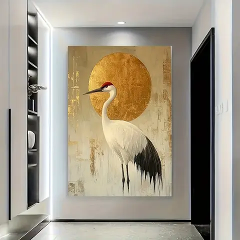 Elegant Red Crowned Crane Poster Prints Animal Art Canvas Painting Golden Sun Wall Art Picture for Living Room Home Decor Gift