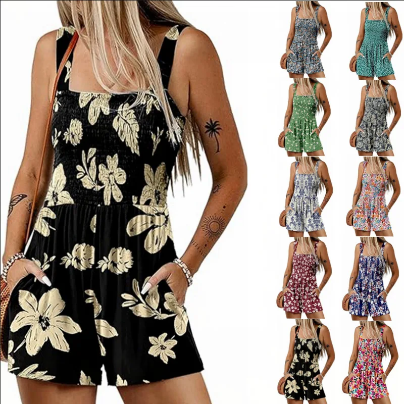 2025 Women's Summer Casual Shrinkle Jumpsuit Square Neck Sleeveless Loose Shorts Beach