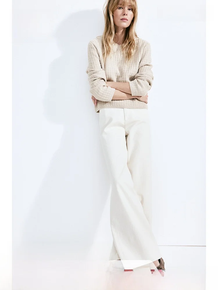 

Женский вязаный свитер H&M из смесового хлопка, осенний, повседневный, свободного кроя, с длинными рукавами, укороченный, модный, удобный, дышащий