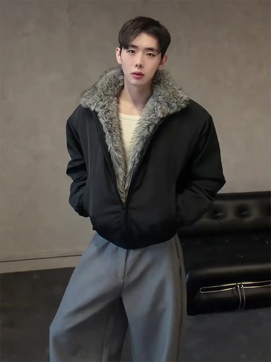 

Men's Thiened ort Cotton Jaet with Fur Collar Loose Fit Winter Warm Outerwear Casual Sle Pure Color Zipper Closure