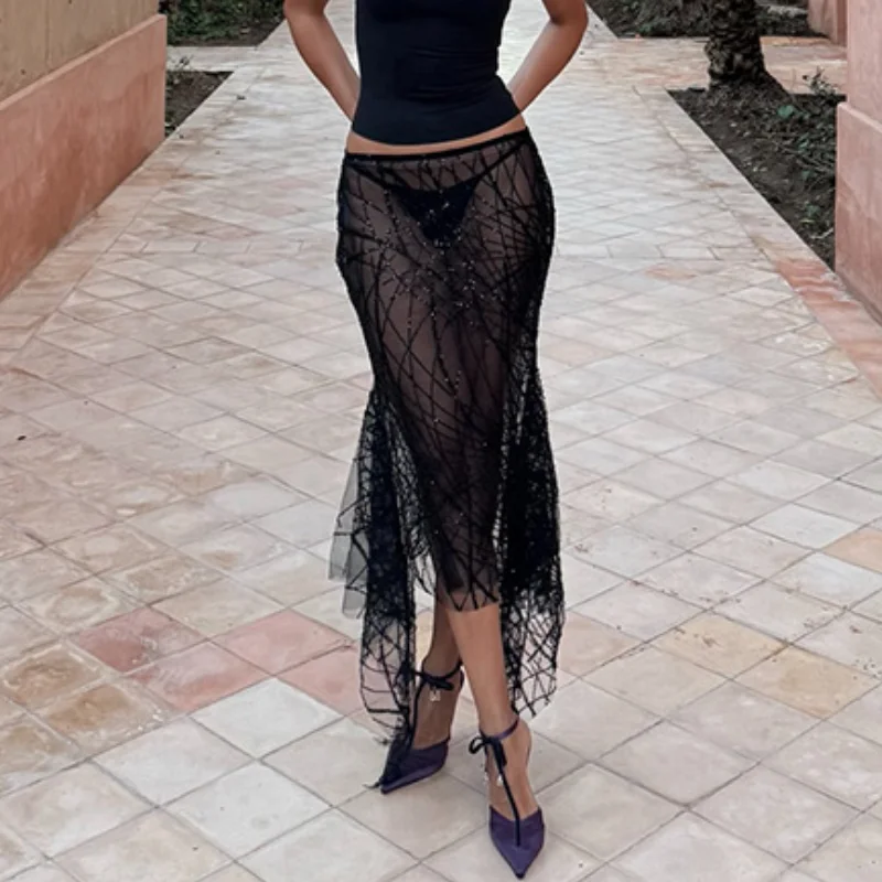Falda Larga Maxi Negra Transparente con Líneas Brillantes, Chic, de Cintura Baja, Estilo Cola de Pez Irregular, Ropa de Mujer Y2K de Moda Urbana