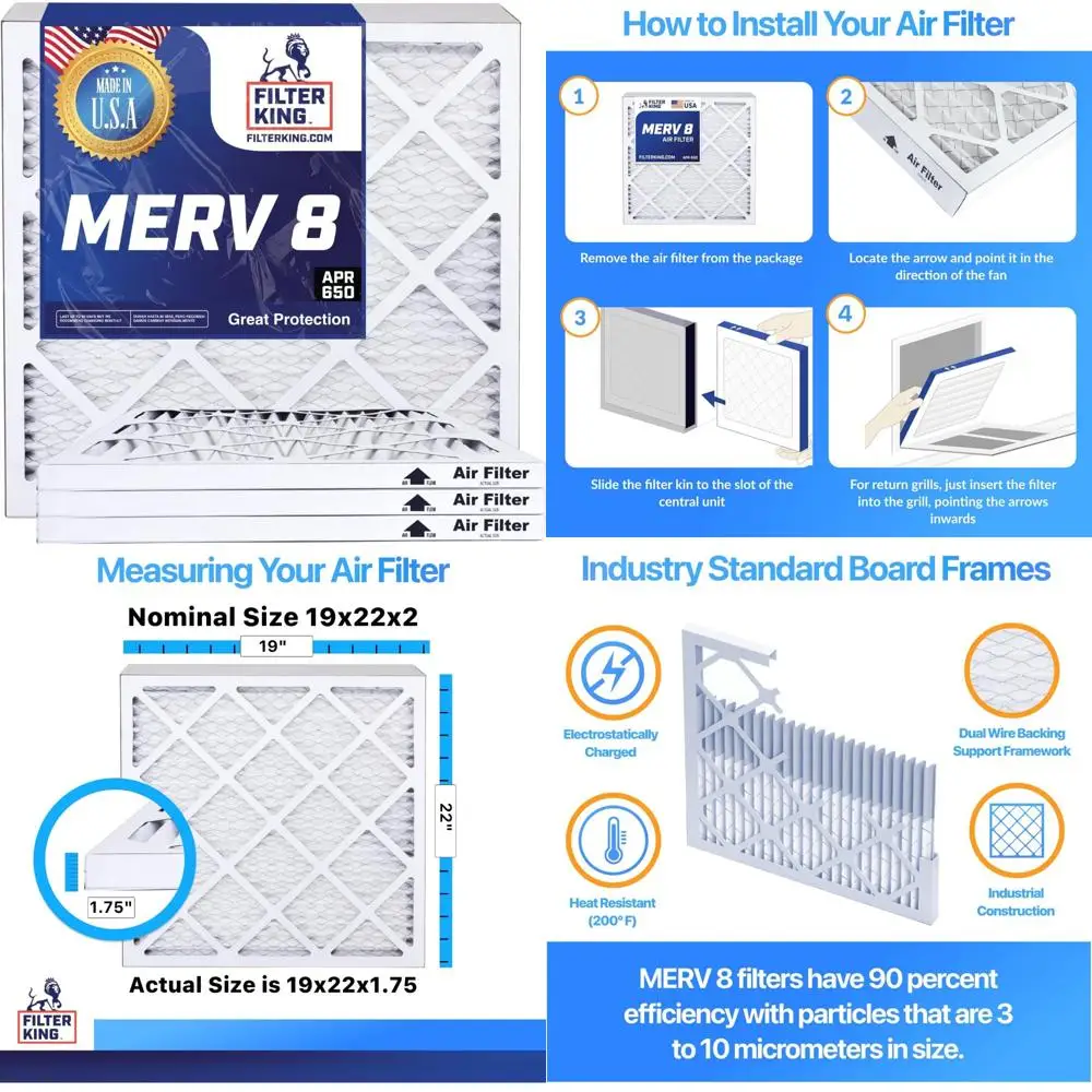 

HVAC Pleated Air Filters 19x22x2 MERV 8 6-Pack Made in USA Actual Size 19x22x1.75 for A/C Furnace