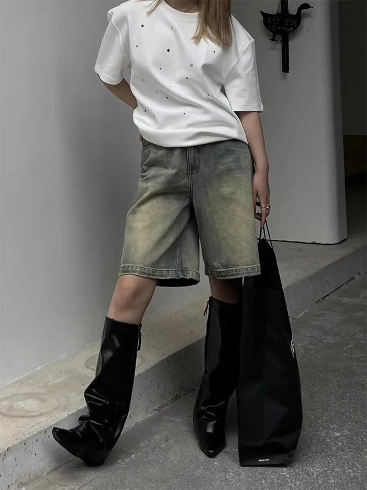 

Летние женские Tomboy Abi Y2K Dark Japanese Harajuku Jorts Джинсовые шорты Джинсовые брюки длиной до колена Y2K Уличная одежда Хип-поп Киберпанк
