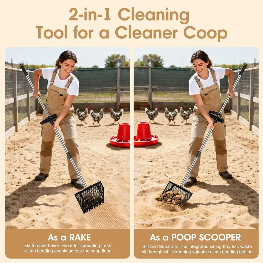Poop Scooper amp Rake 2in1,10 مغرفة حظيرة الدجاج المعدنية لـ Poop مع مقبض من الفولاذ المقاوم للصدأ قابل للتعديل من 35 إلى 62، مغرفة القمامة أ #2