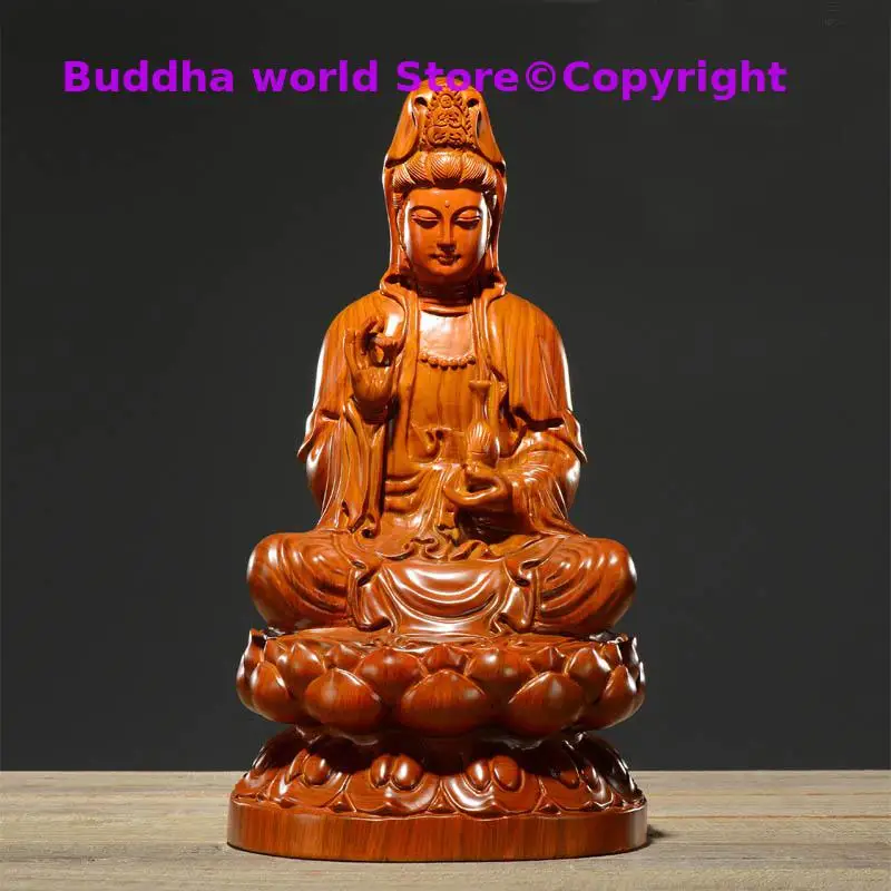 

Special Offer--20cm -HOME Spiritual protection Bless family # Handmade Yellow pear wood carving Lotus Guanyin Buddha statue