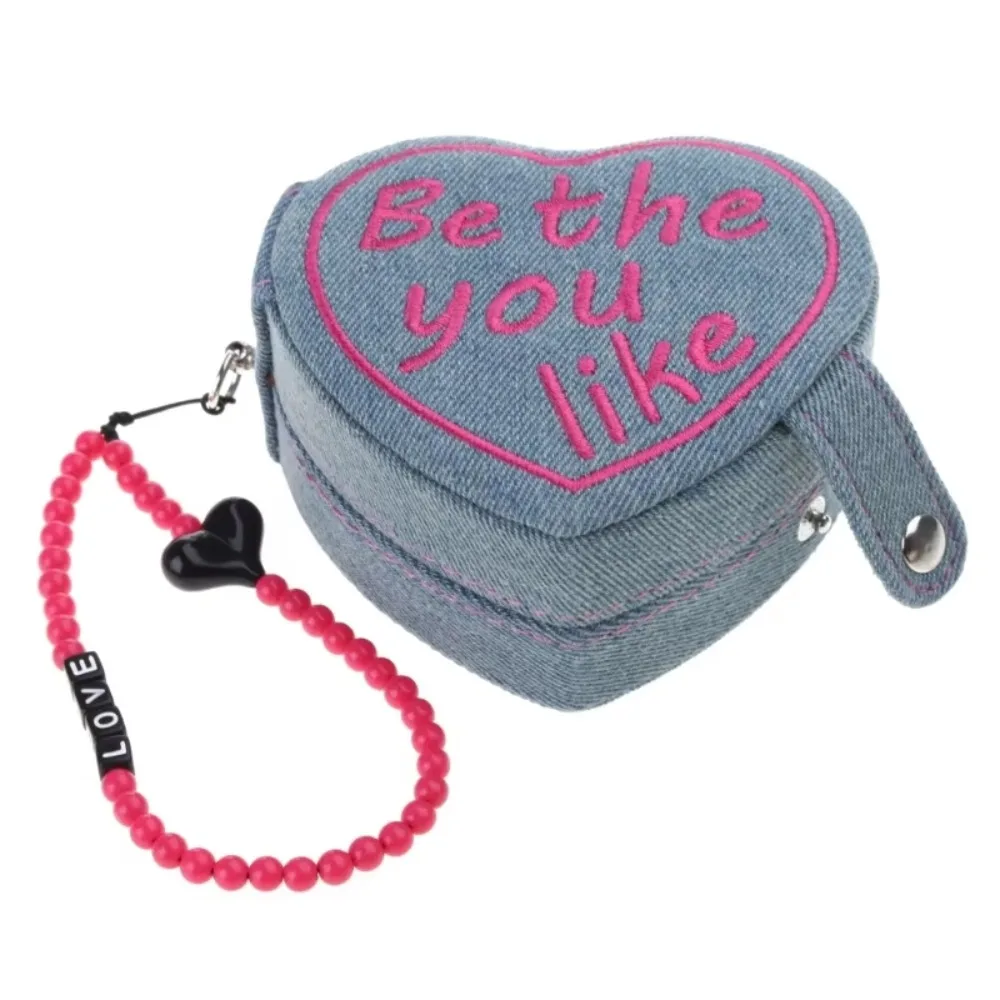 Compact Heart Shaped Jewelry Ring Storage Box Embroidered Retro Style Cosmetic Bag With Strap Pure Color Mini Jewelry Box Gift