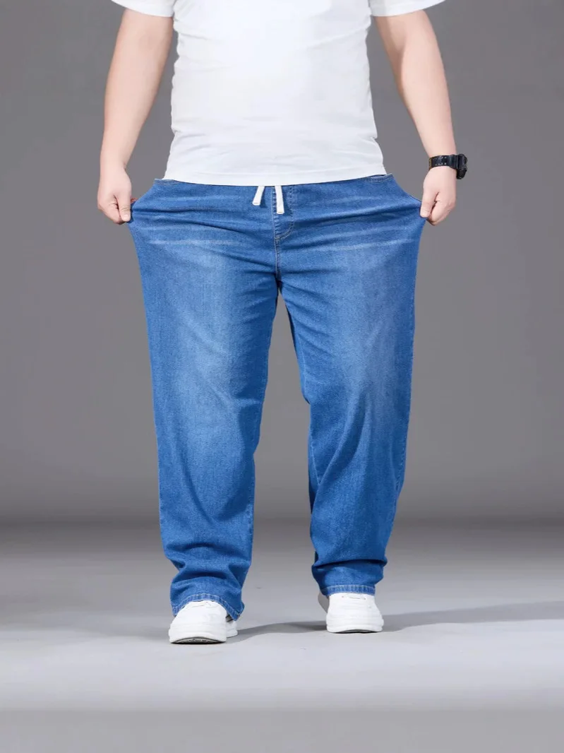 FENROOST Men's Oversize Stretch Drawstring Denim Pants Elastic Waist Loose Wide Leg Trousers Plus Size Daily Wear Jeans 2XL-6XL