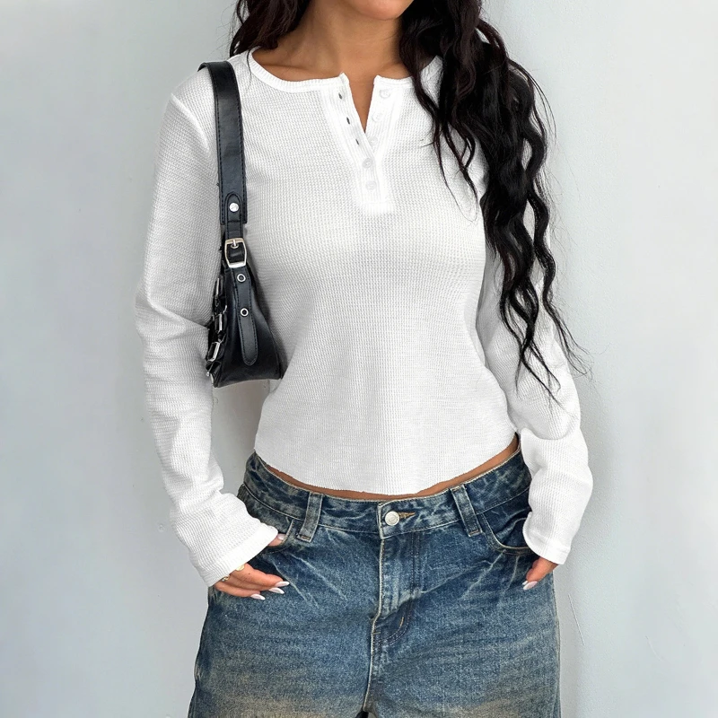 

New Spring Autumn Long Sleeve T-shirt Women's Fashion Buttons Round Neck Slim Knitted T Shirts Ladies Solid Color Casual Tops