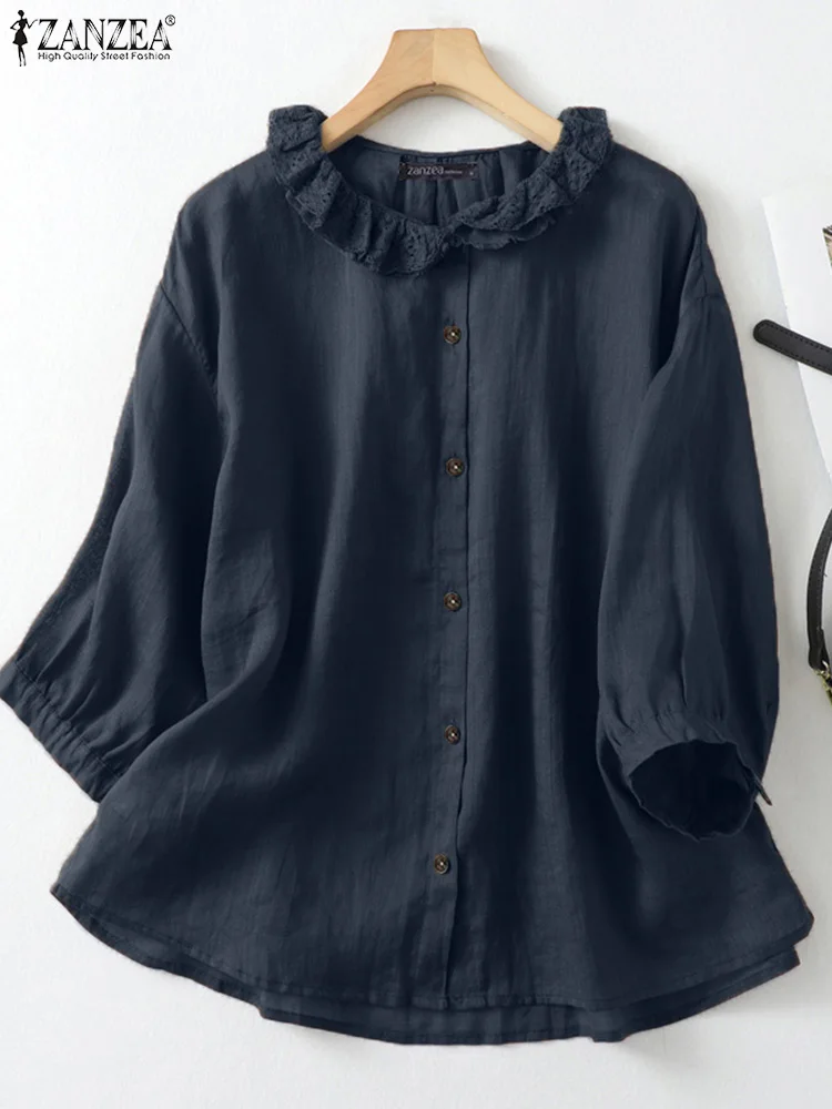 

ZANZEA Summer Elagant Shirts Women Casual 3/4 Sleeve Baggy Work Blouse Buttons Blusas Stylish Lace Patchwork Tops Tunic 2025