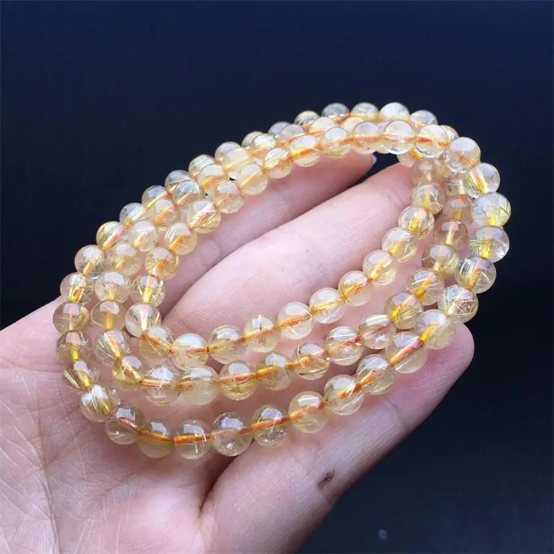 6.3MM Natural Golden Rutilated Quartz Triple Circle Bracelet Colorful Gemstone Bead Strings Fashion Beautifully Jewelry 1PCS