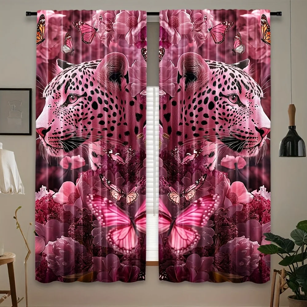 2PCS Pink Leopard Butterfly Curtains, Cheetah Head Floral Romantic Pattern Window Drapes for Girls Bedroom Living Room Decor