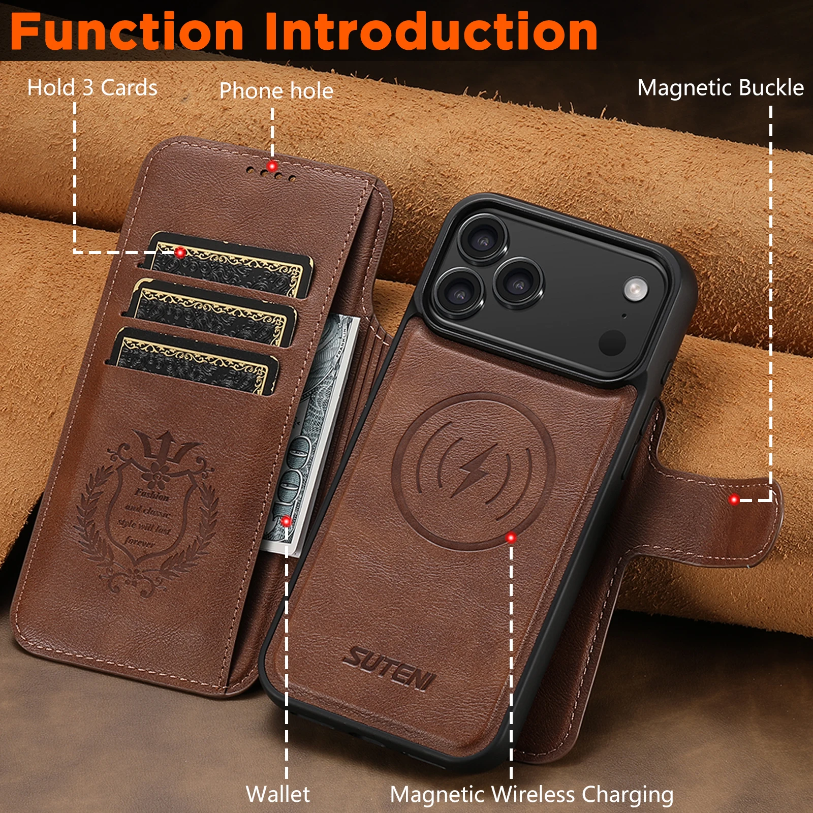 SUTENI Kunstleder Kabelloses Ladegerät Kartenhalter Ständer Brieftasche Magnetische Klapphülle Handyhülle für iPhone 18 Pro Max 17 16 15 14 – Detail 24