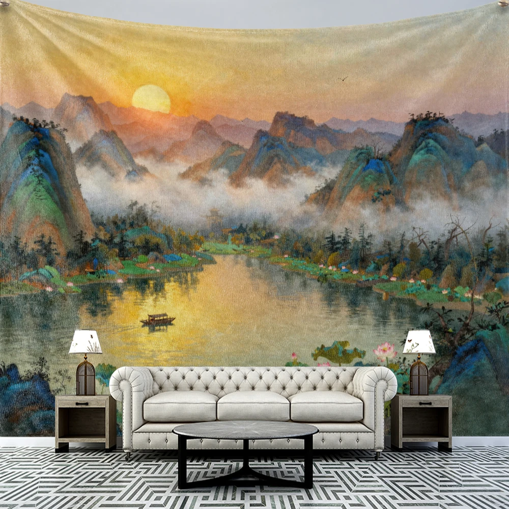 2D printing of landscape oil painting style tapestries in mountains and rivers, machine washable, suitable for wall decoration i