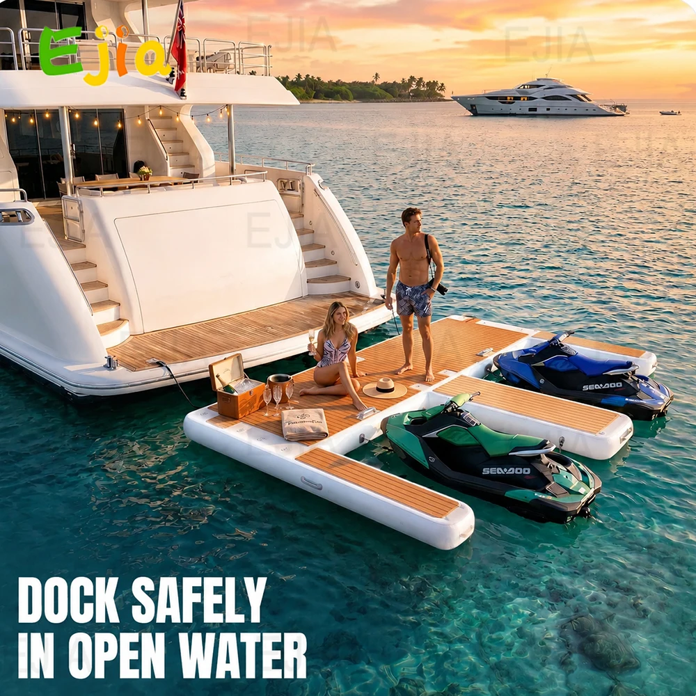 Inflatable Jet Ski Dock 13x10ft, E-Shaped Floating Platform, Thick PVC with Non-Slip EVA Deck for Boat, Ocean & Lake Use