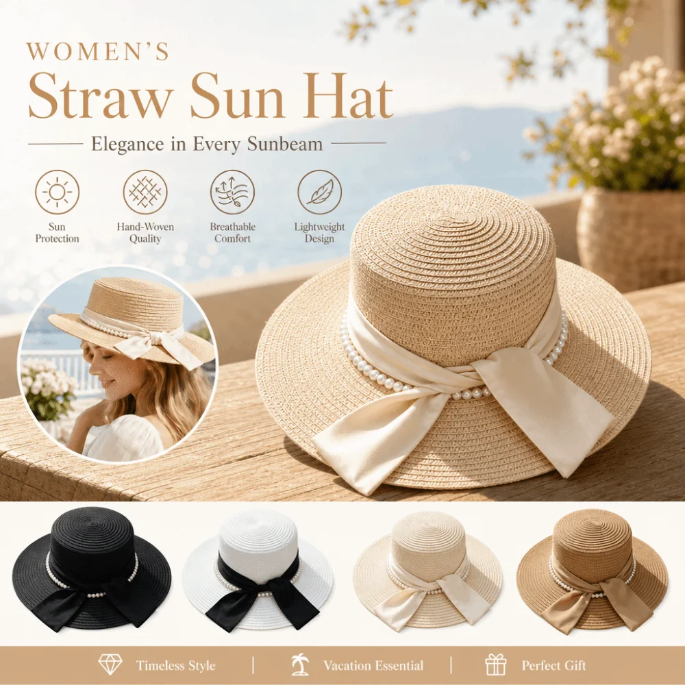 French Multicolor Straw Hat Silk Bow Beads Chain Sun Hat Breathable Elegant Beach Hat Travel Vacation
